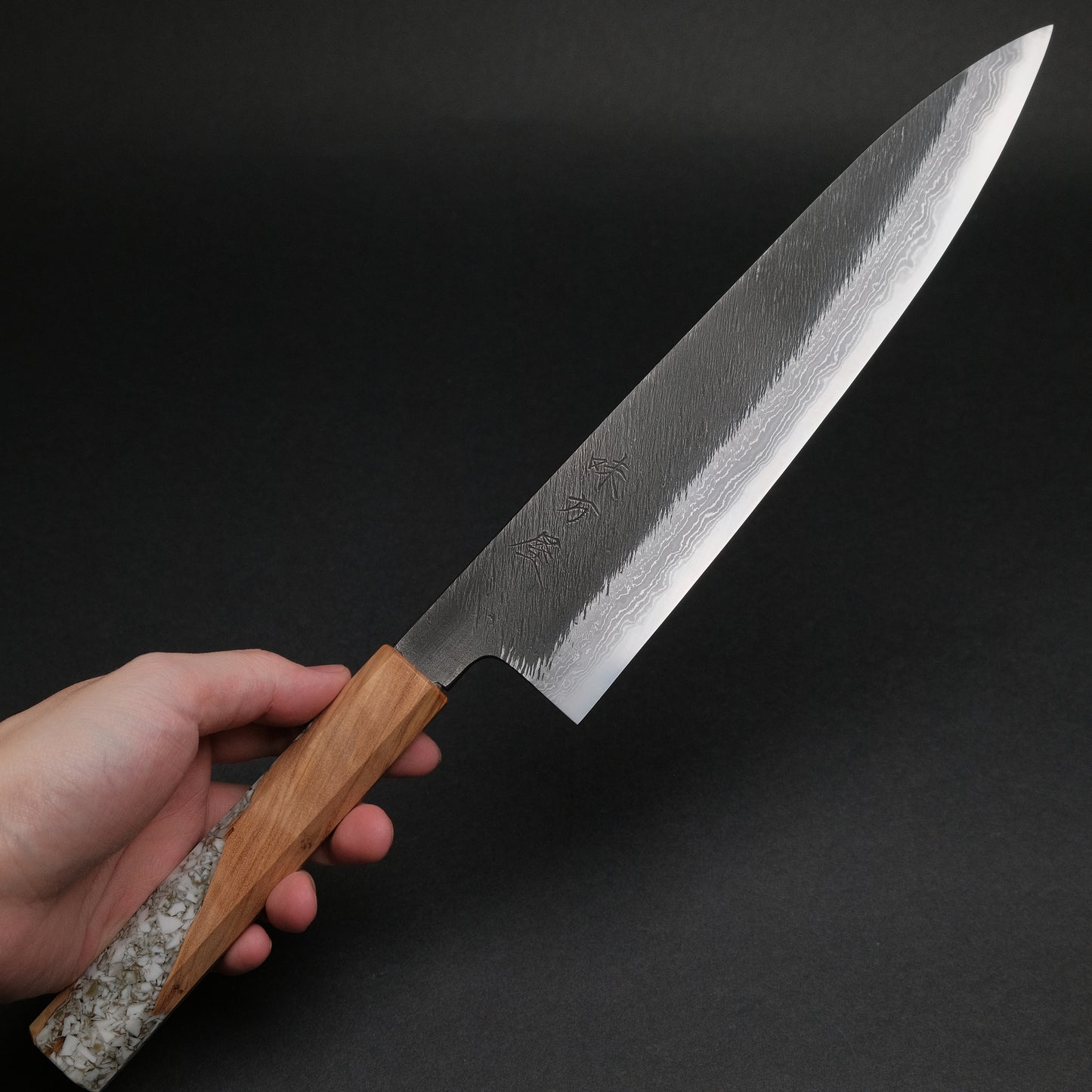 Ajikataya White #2 Matsuba Damascus Gyuto 240 Olive/ TQPRV Handle (#06)
