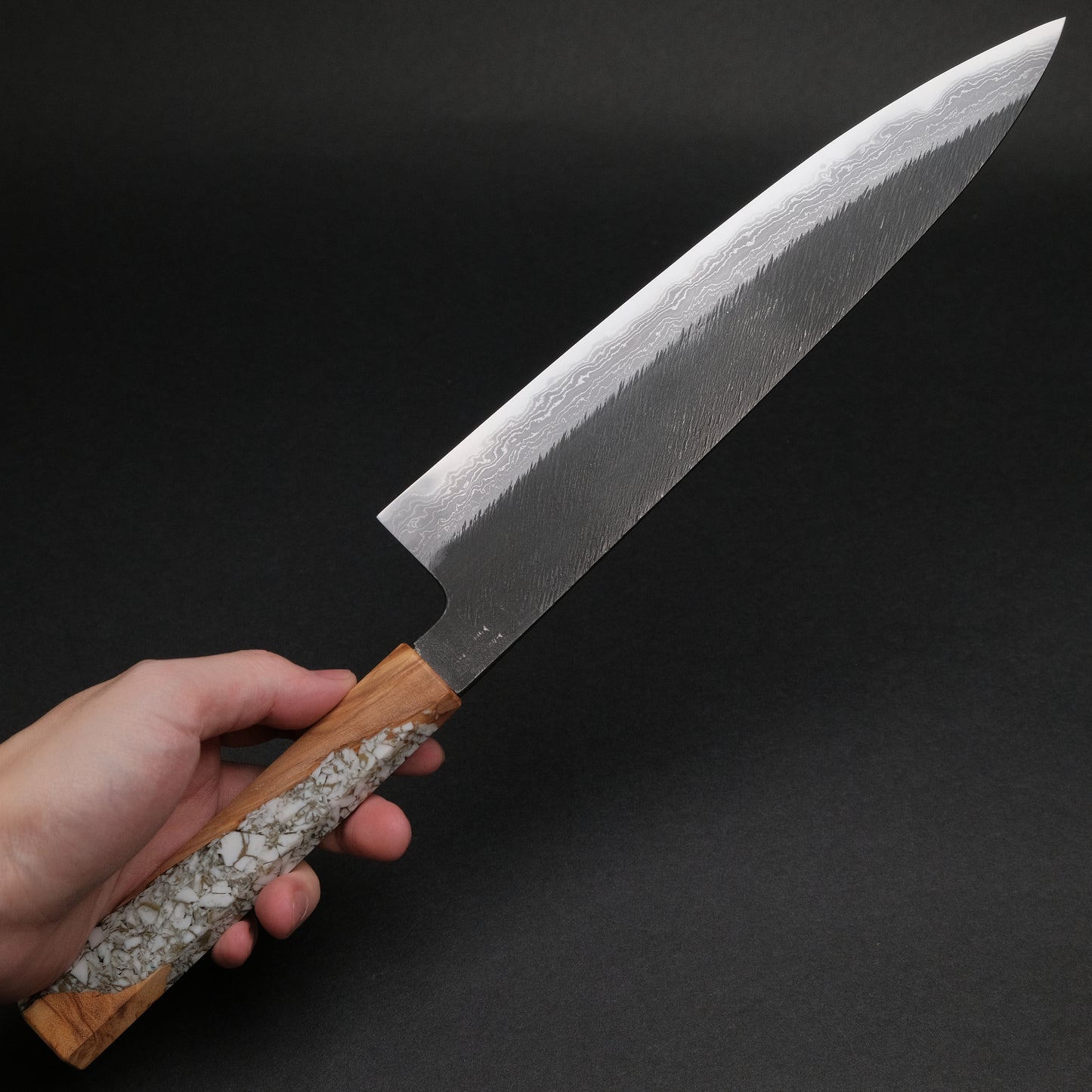 Ajikataya White #2 Matsuba Damascus Gyuto 240 Olive/ TQPRV Handle (#06)