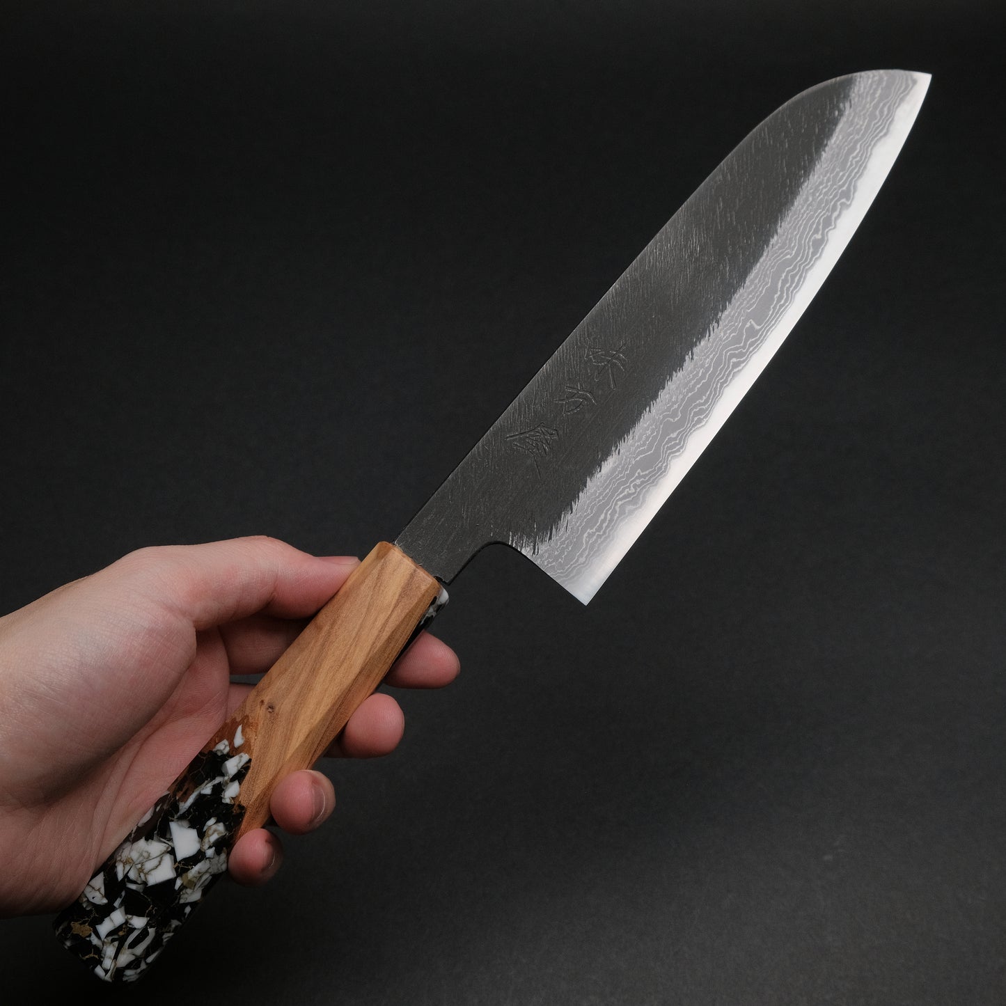 Ajikataya White #2 Matsuba Damascus Santoku 180 Olive/ TQPRV Handle (#20)