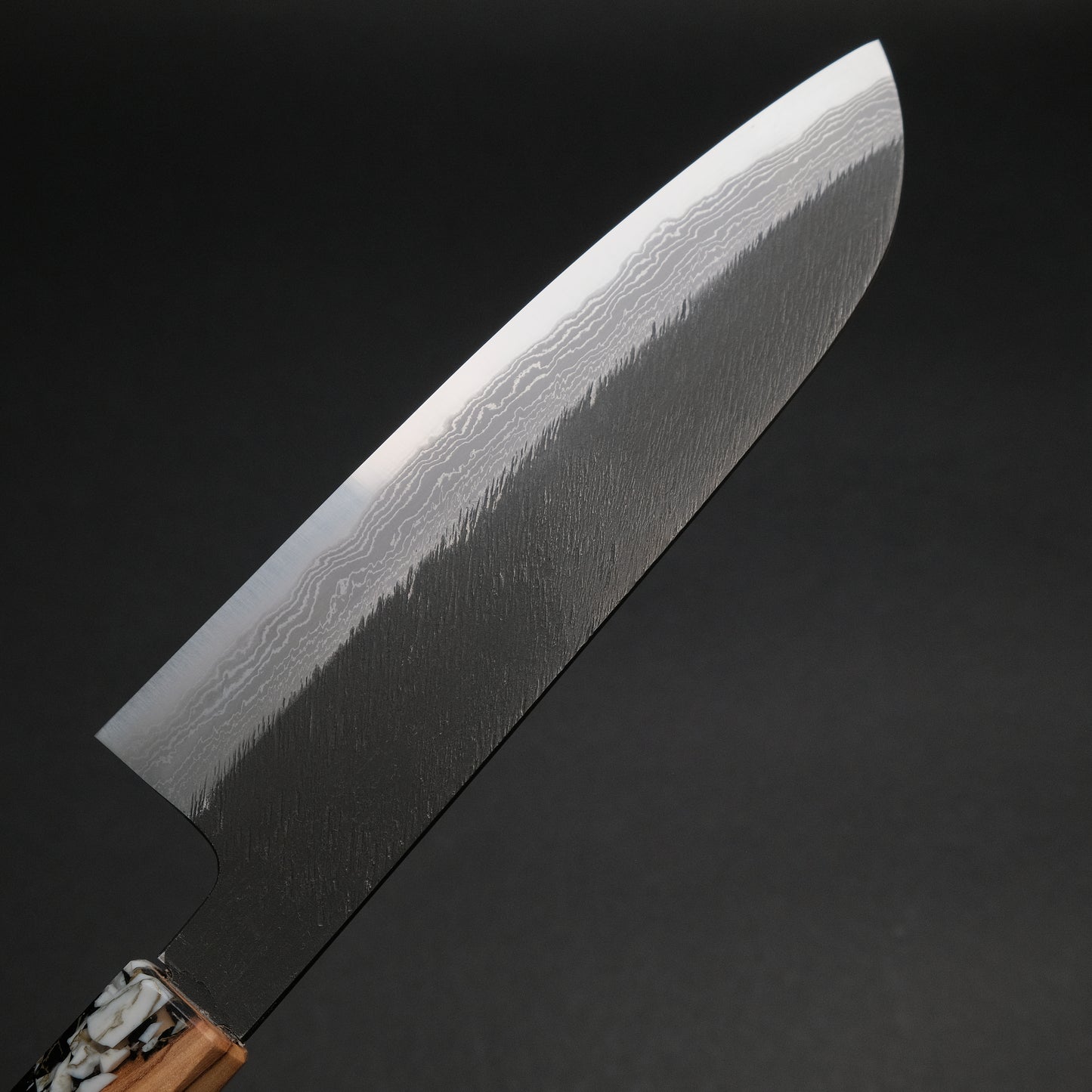 Ajikataya White #2 Matsuba Damascus Santoku 180 Olive/ TQPRV Handle (#20)