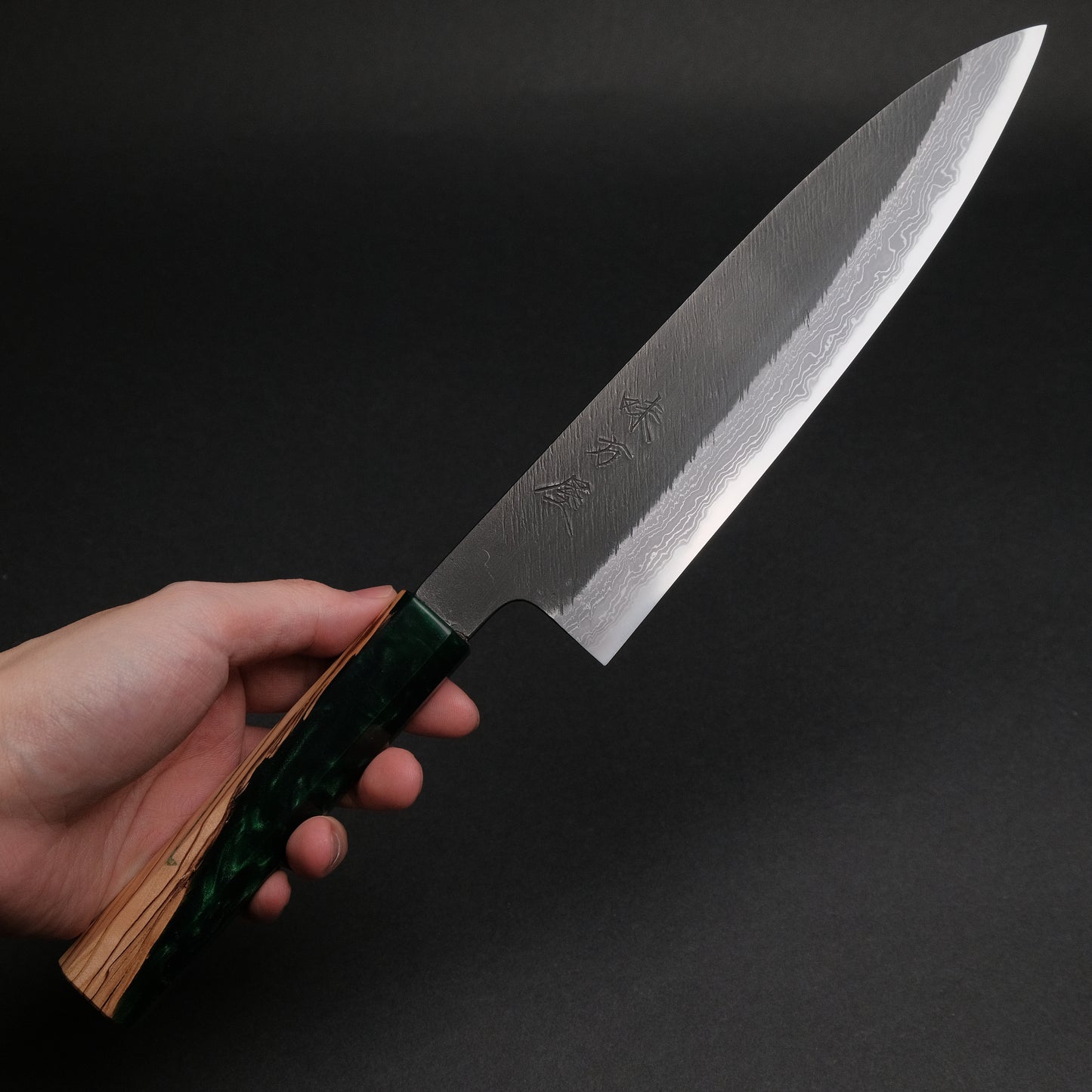 Ajikataya White #2 Matsuba Damascus Gyuto 210 Olive/ Resin Handle (#11)
