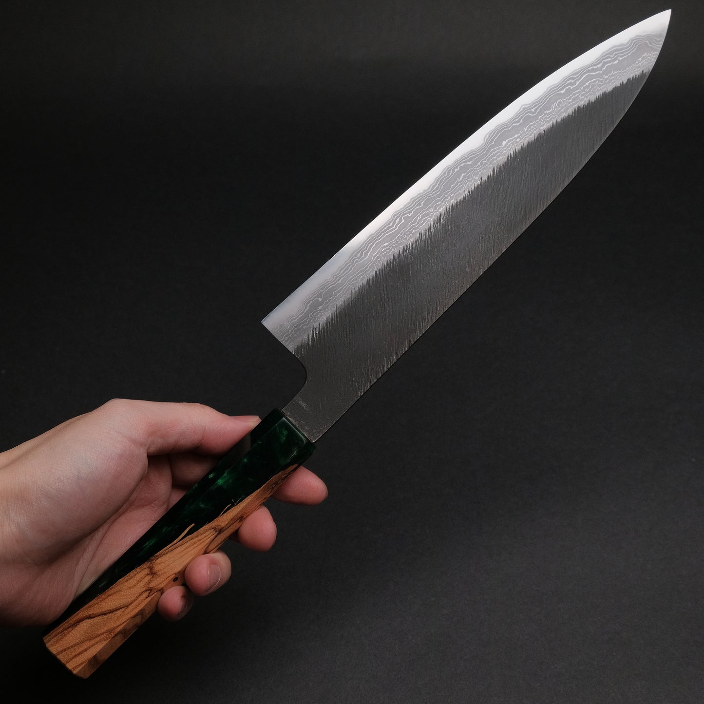 Ajikataya White #2 Matsuba Damascus Gyuto 210 Olive/ Resin Handle (#11)