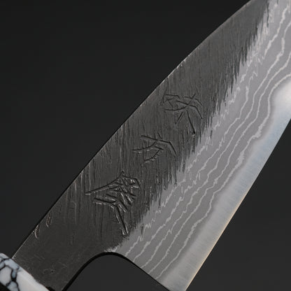 Ajikataya White #2 Matsuba Damascus Petty 80 Ebony/ TQ Handle (#34)