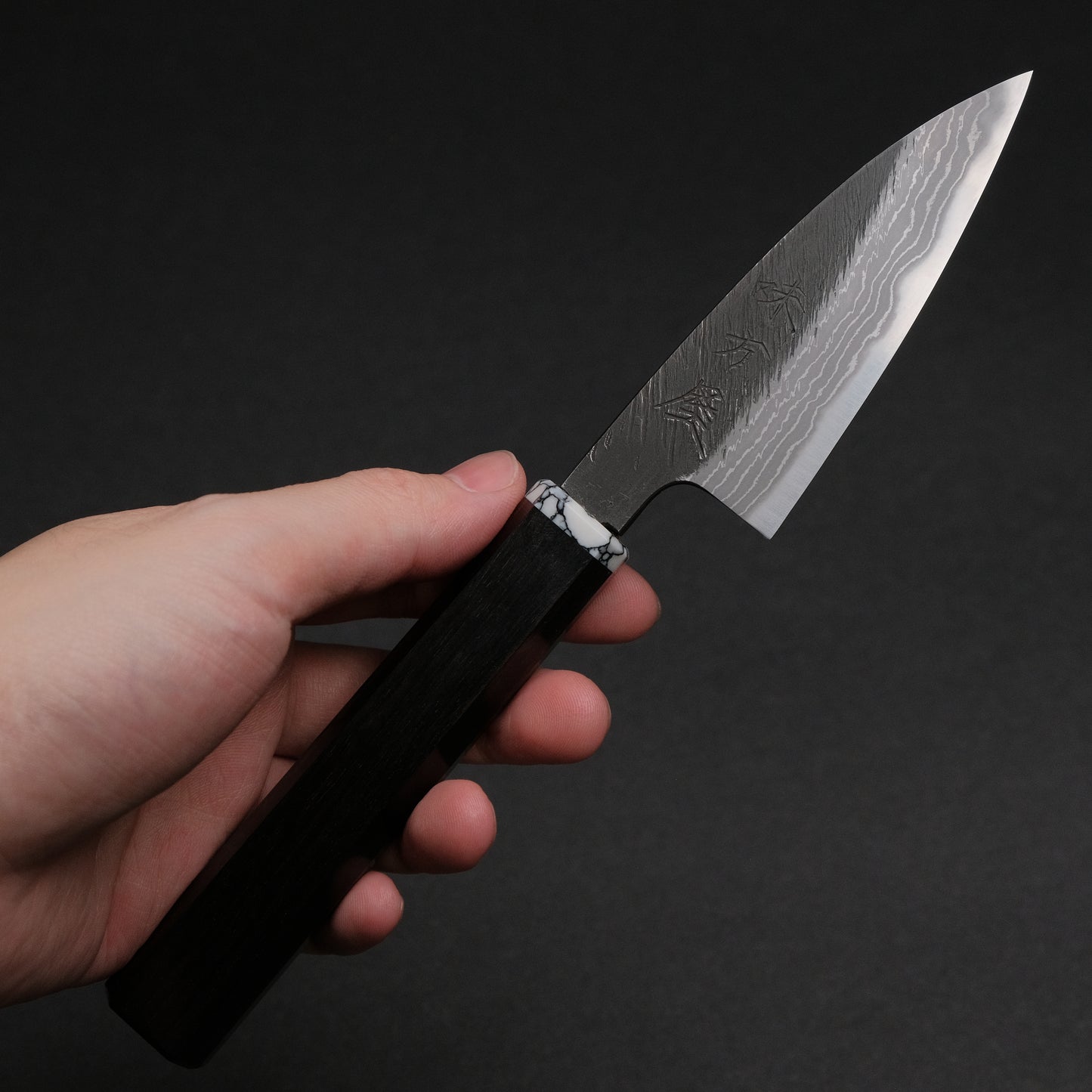 Ajikataya White #2 Matsuba Damascus Petty 80 Ebony/ TQ Handle (#34)