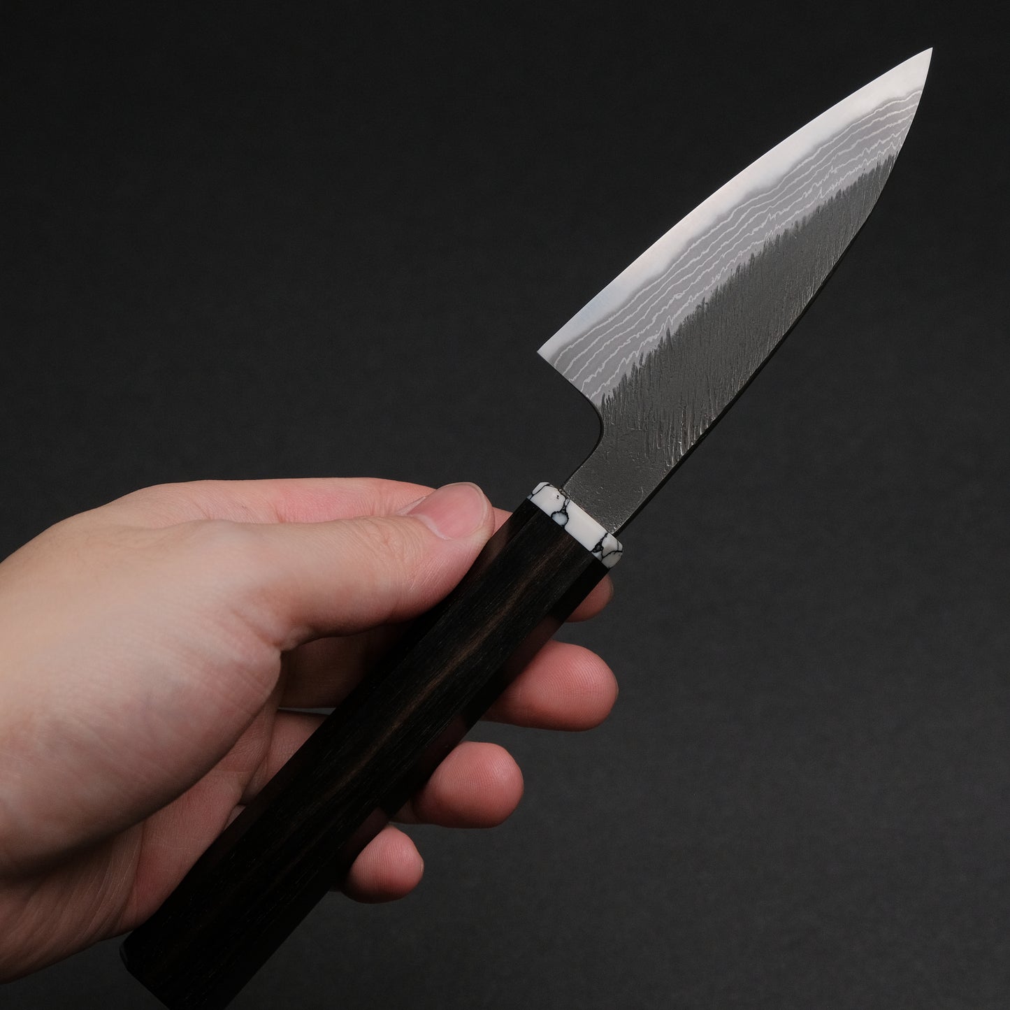 Ajikataya White #2 Matsuba Damascus Petty 80 Ebony/ TQ Handle (#34)