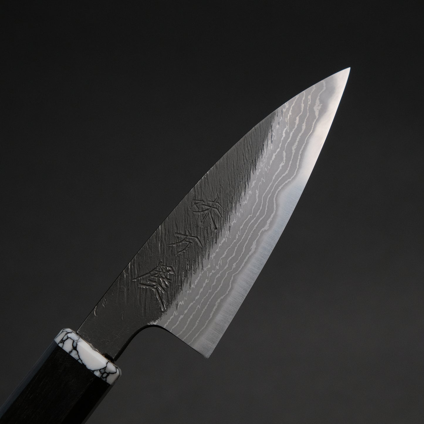 Ajikataya White #2 Matsuba Damascus Petty 80 Ebony/ TQ Handle (#34)