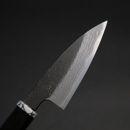 Ajikataya White #2 Matsuba Damascus Petty 80 Ebony/ TQ Handle (#34)
