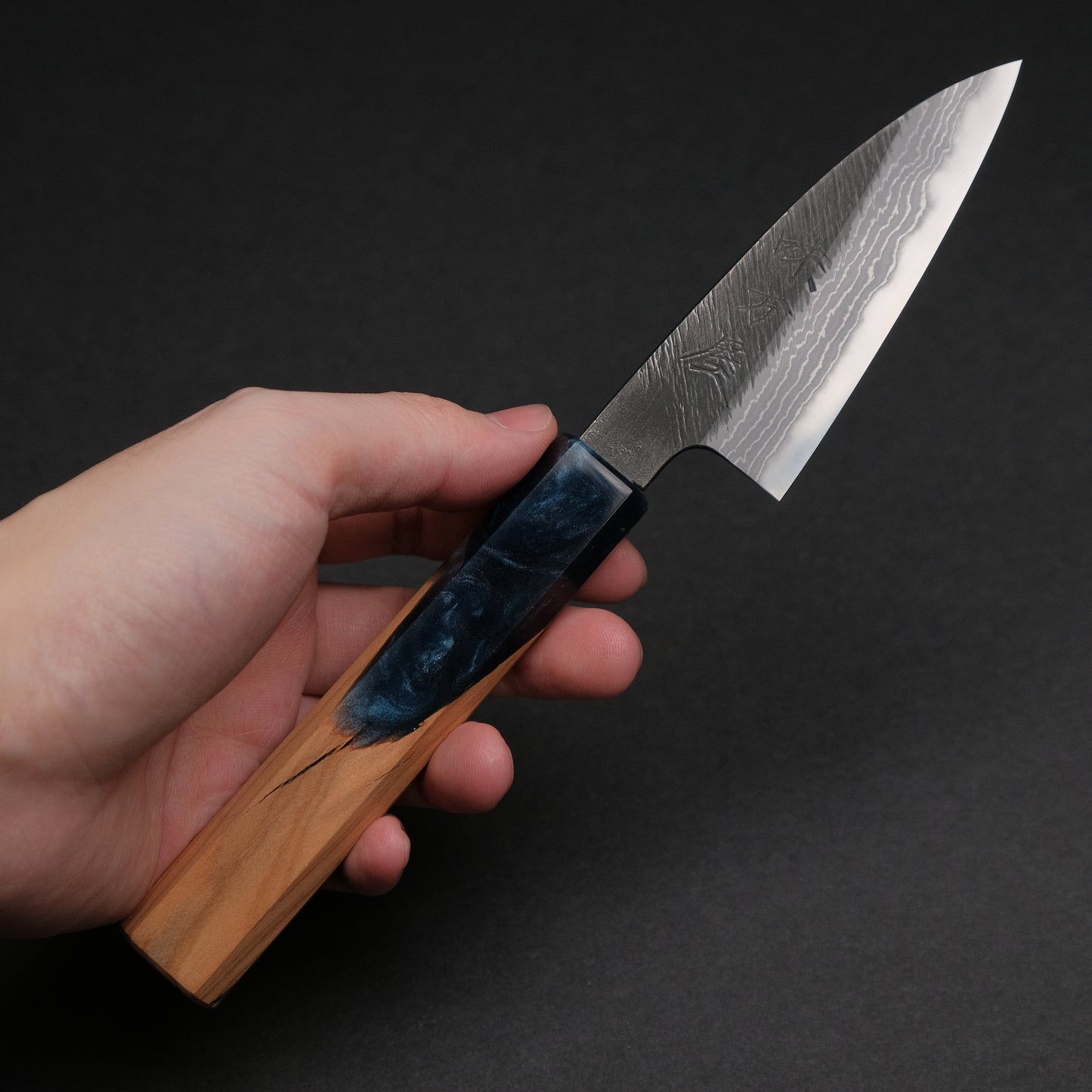 Ajikataya White #2 Matsuba Damascus Petty 80 Olive/ Resin Handle (#30)