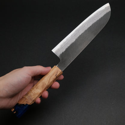 Ajikataya White #2 Matsuba Damascus Santoku 180 Olive/ Resin Handle (#19)