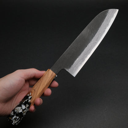Ajikataya White #2 Matsuba Damascus Santoku 180 Olive/ TQPRV Handle (#20)