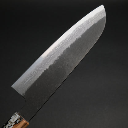 Ajikataya White #2 Matsuba Damascus Santoku 180 Olive/ TQPRV Handle (#20)