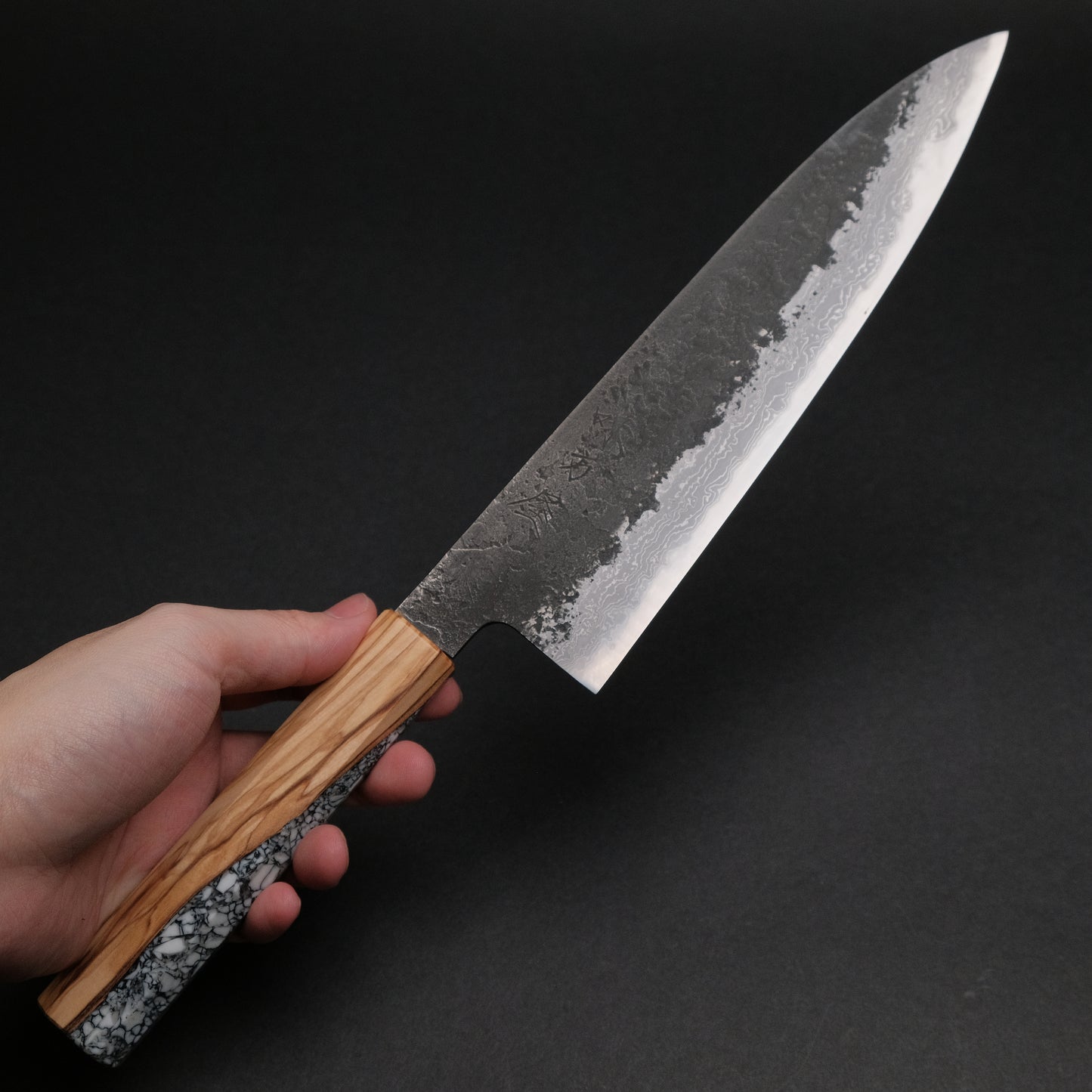 Ajikataya White #2 Nashiji Damascus Gyuto 210 Olive/ TQRV Handle (#45)