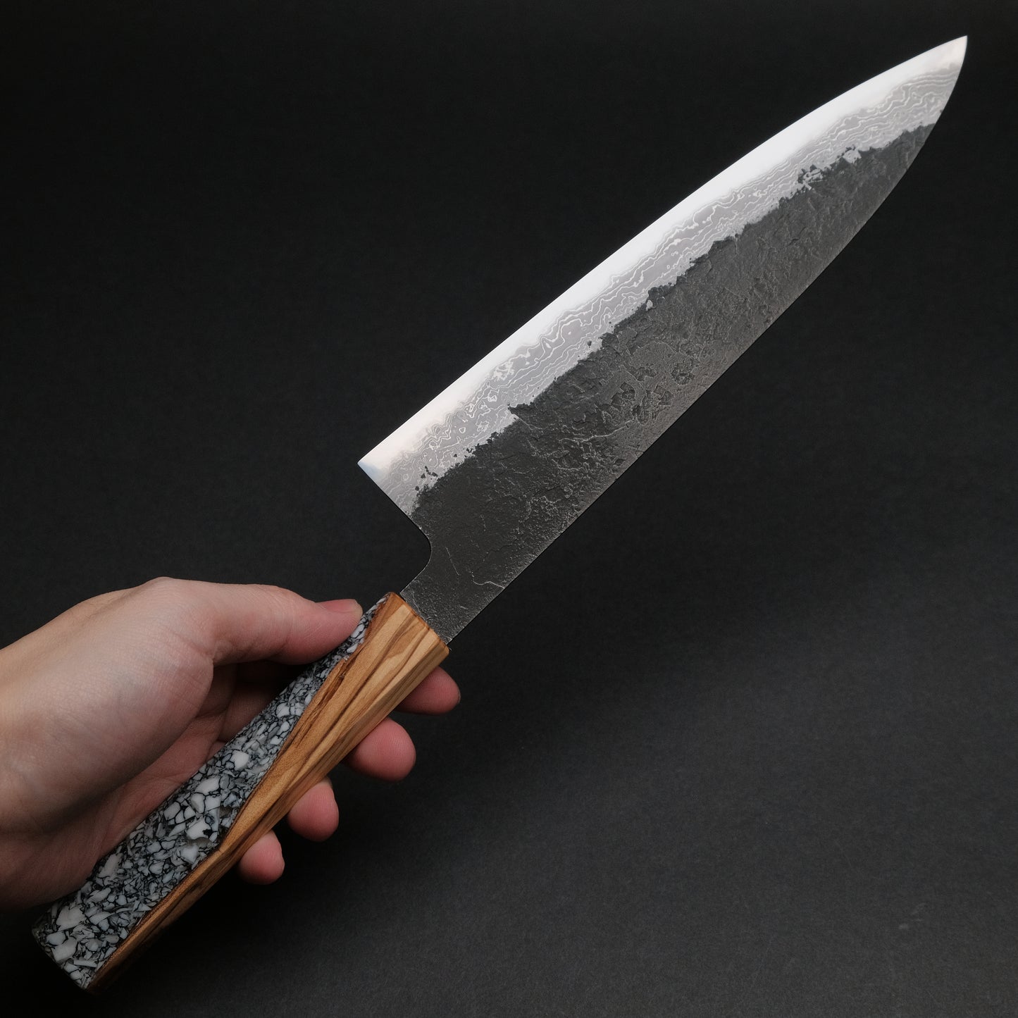 Ajikataya White #2 Nashiji Damascus Gyuto 210 Olive/ TQRV Handle (#45)