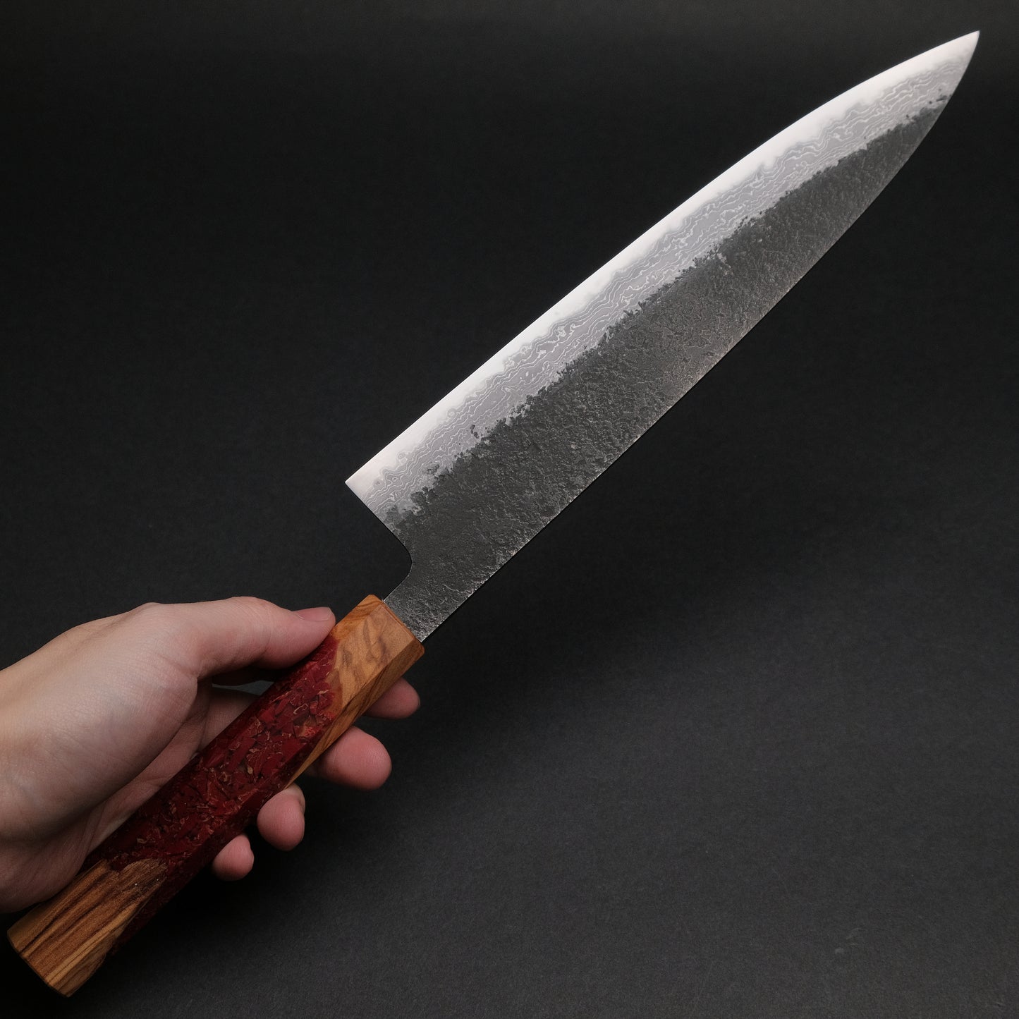 Ajikataya White #2 Nashiji Damascus Gyuto 240 Olive/ TQPRV Handle (#43)
