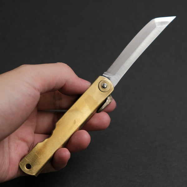 Higonokami White Steel Sakimaru Folding Knife Large Brass Handle