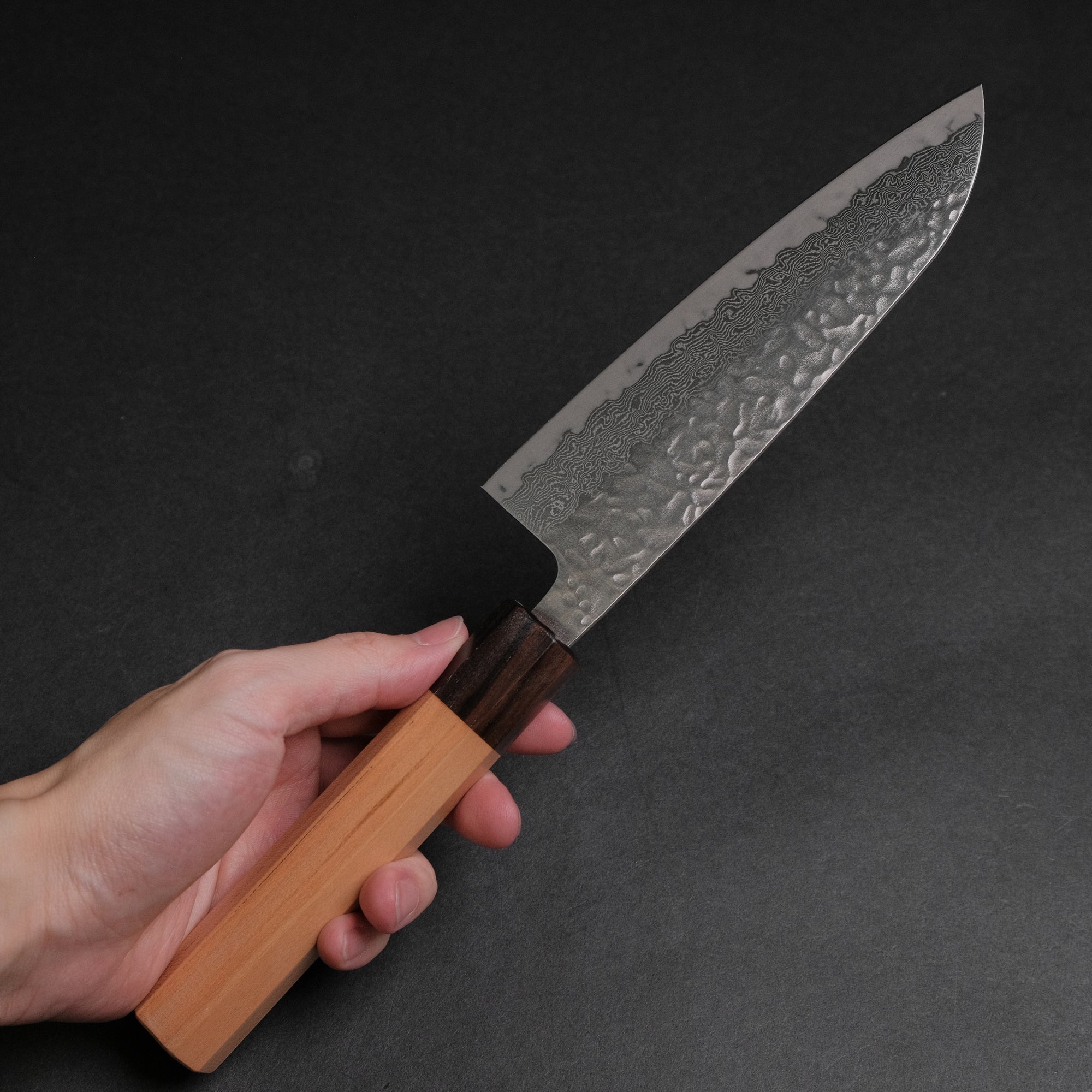 Hitohira Futana Stainless Tsuchime Damascus Santoku 170mm Cherry Wood Handle