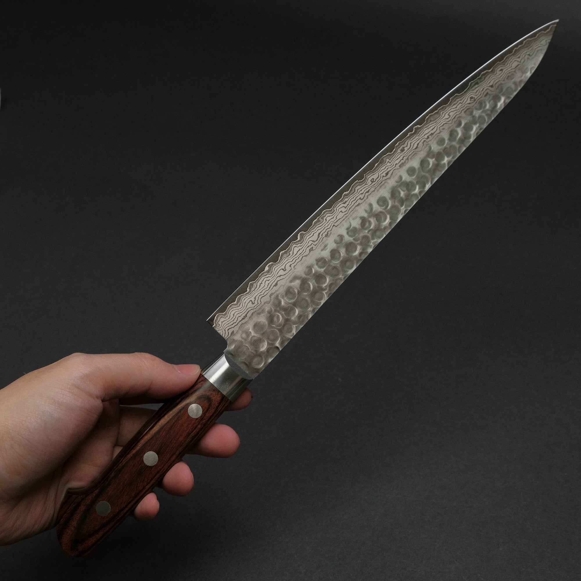 Hitohira HG Tsuchime Damascus Sujihiki 240mm Imitation Mahogany Handle