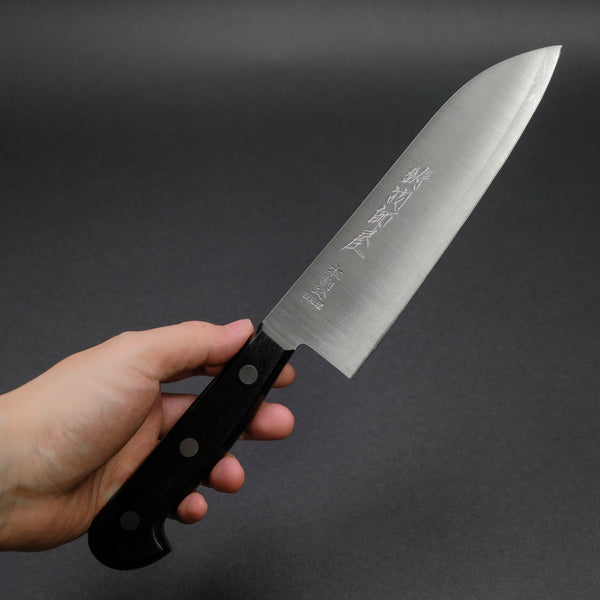 Hitohira Imojiya OKD White #2 Stainless Clad Santoku 180mm Pakka Handle