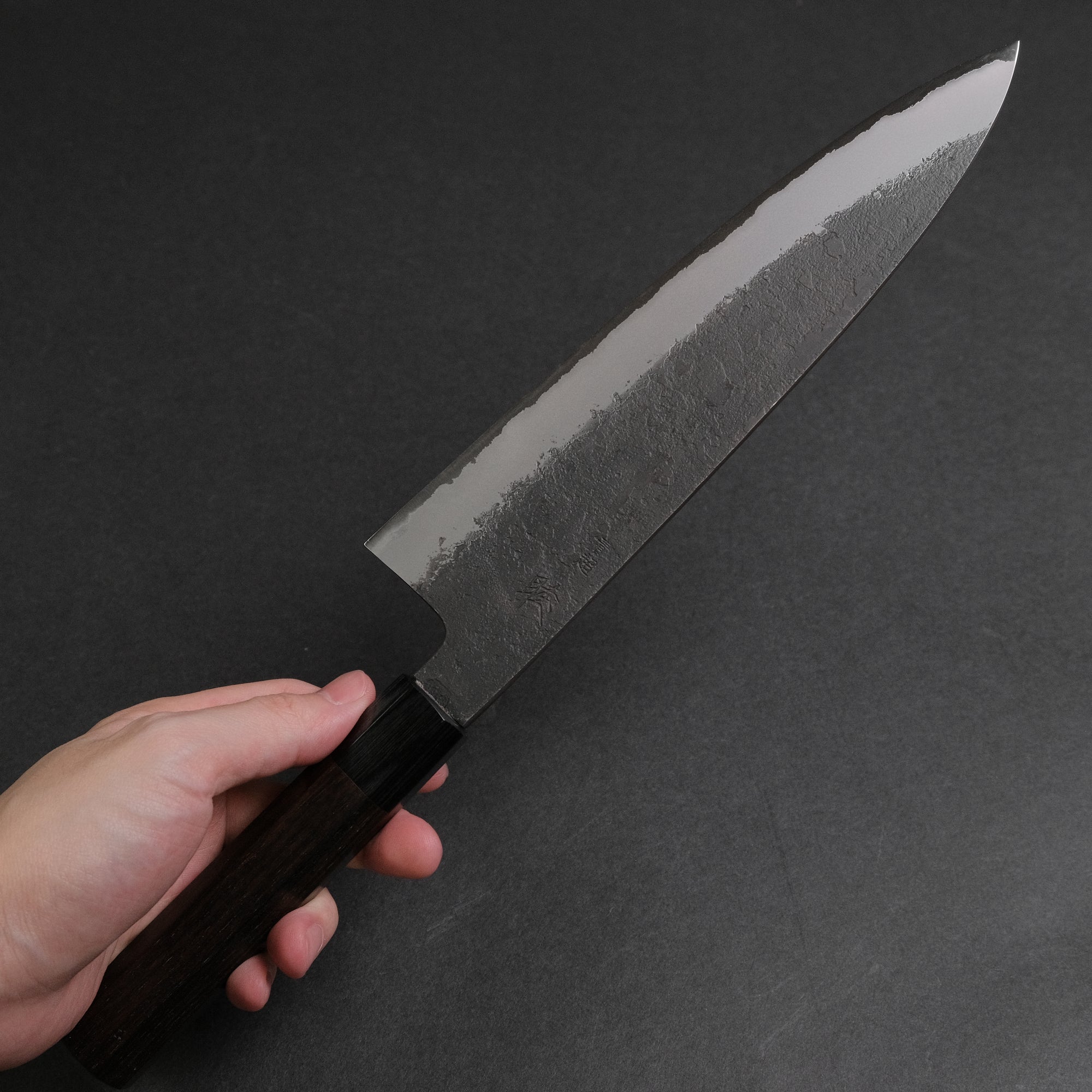 Mutsumi Hinoura Blue Super Kurouchi Nashiji Gyuto 210mm Ebony Handle
