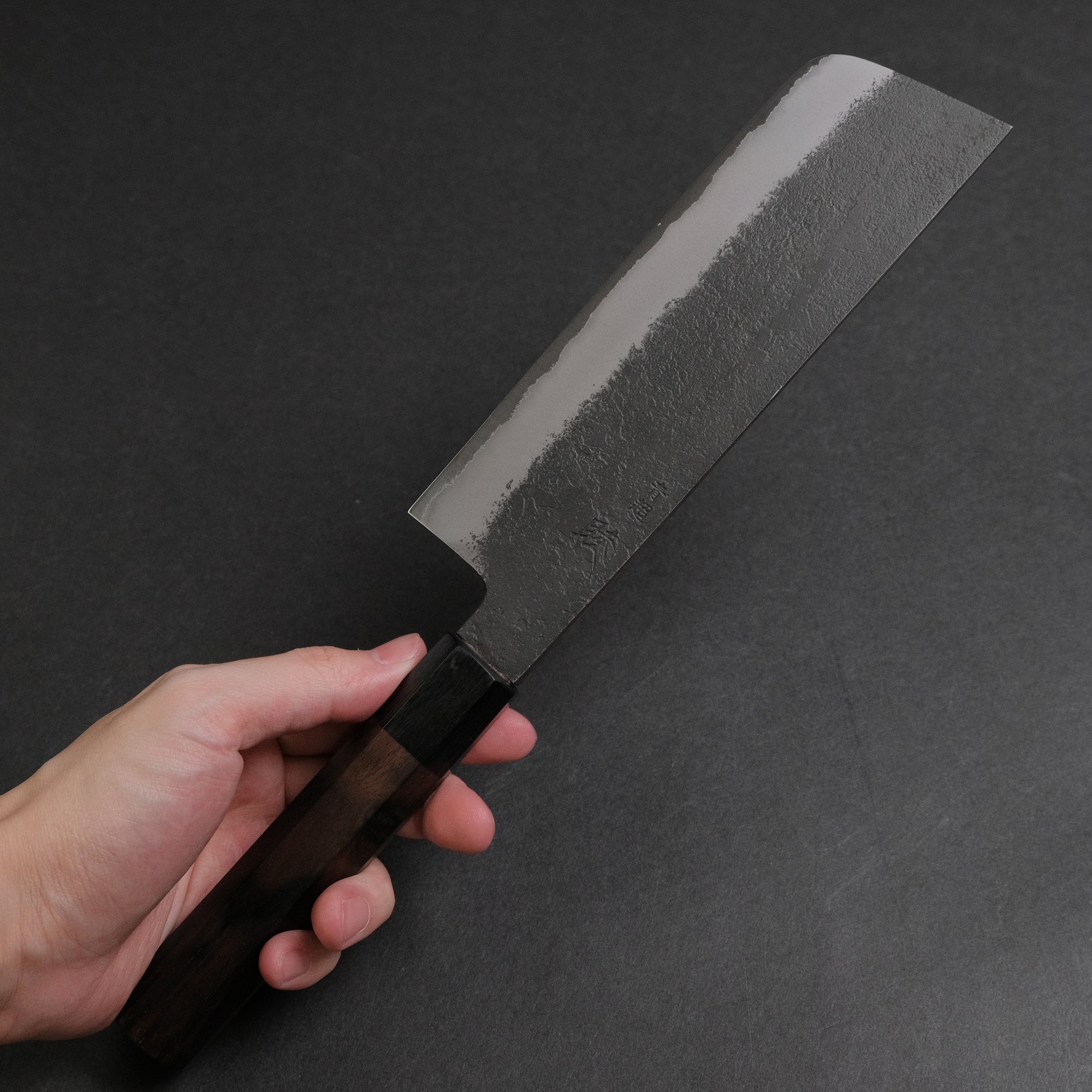 Mutsumi Hinoura Blue Super Kurouchi Nashiji Nakiri 165mm Ebony Handle