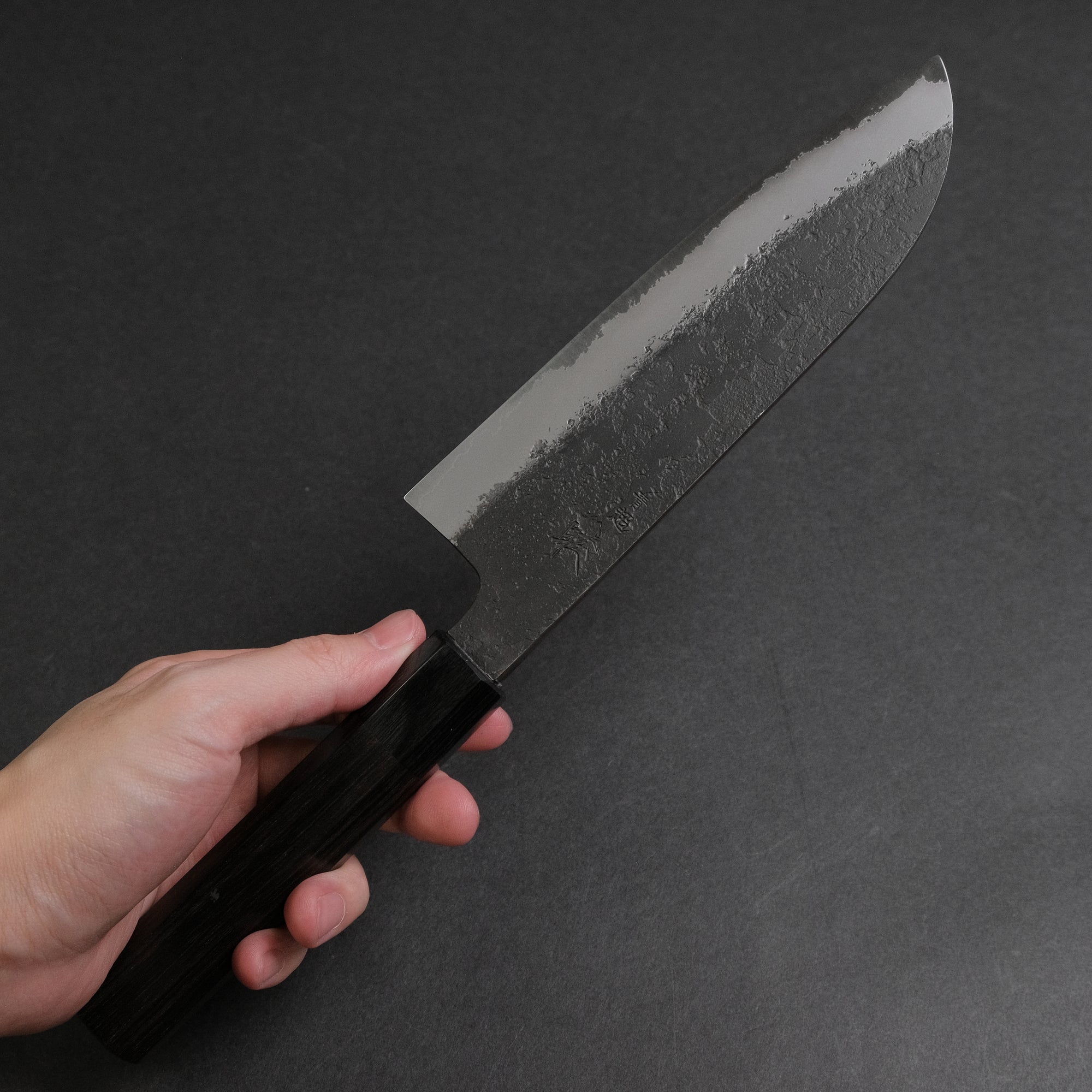 Mutsumi Hinoura Blue Super Kurouchi Nashiji Santoku 165mm Ebony Handle