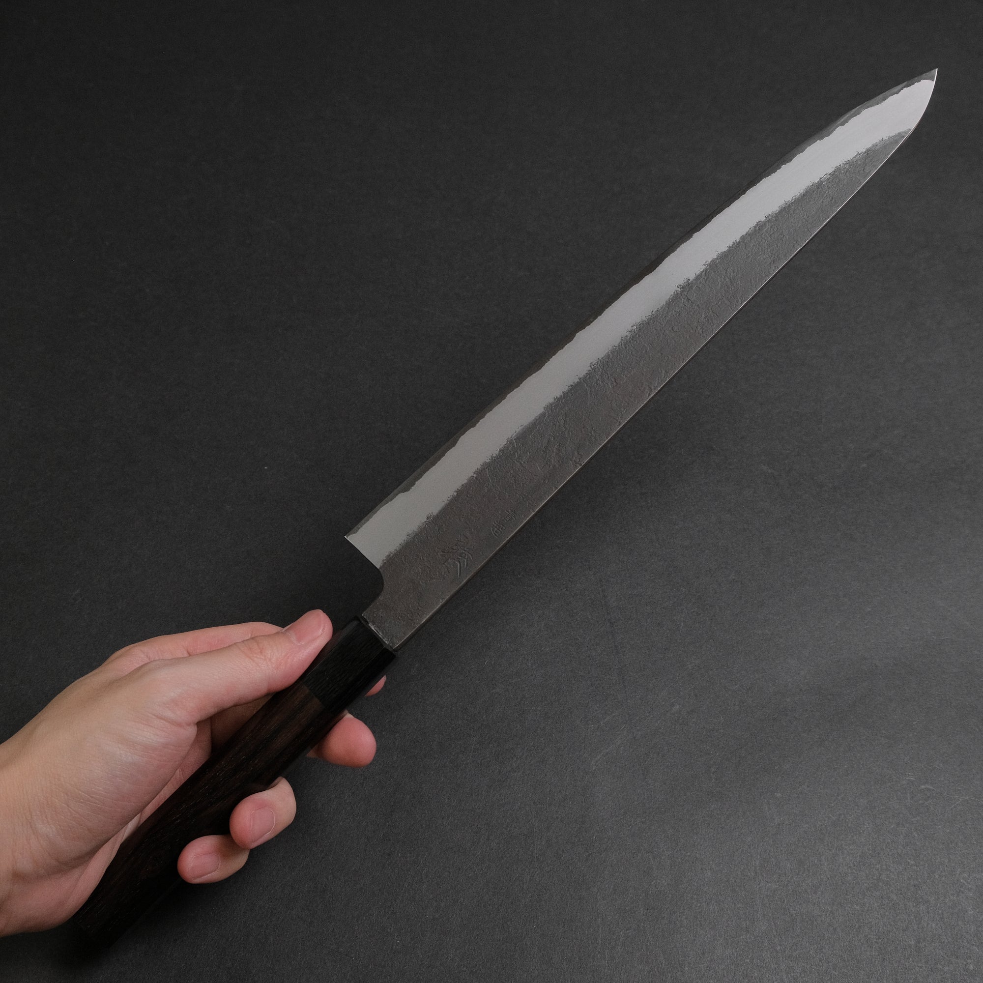 Mutsumi Hinoura Blue Super Kurouchi Nashiji Sujihiki 270mm Ebony Handle