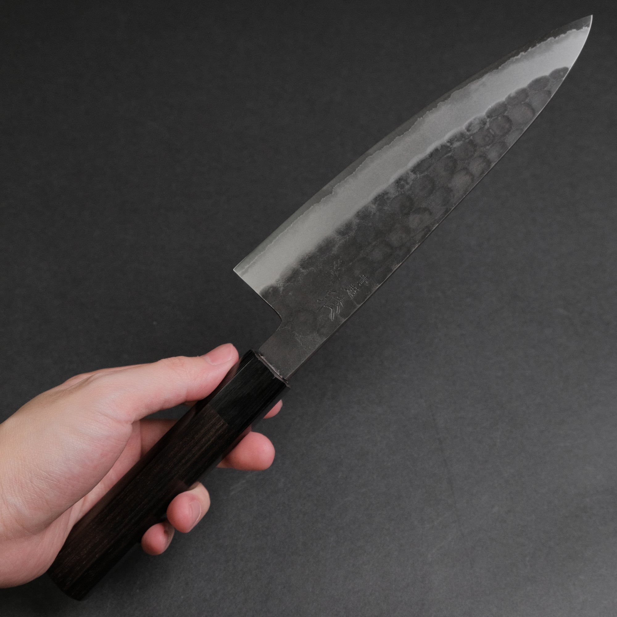 Mutsumi Hinoura Blue Super Kurouchi Tsuchime Gyuto 180mm Ebony Handle
