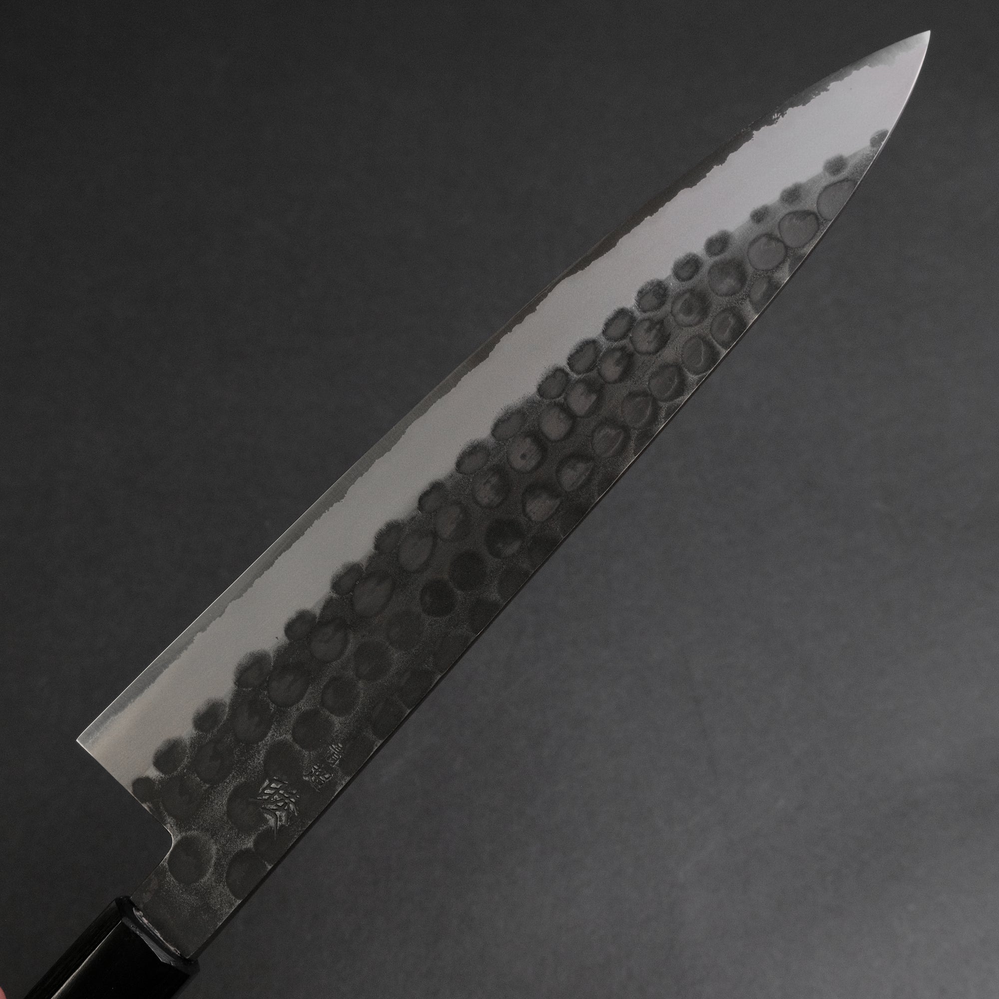 Mutsumi Hinoura Blue Super Kurouchi Tsuchime Gyuto 240mm Ebony Handle