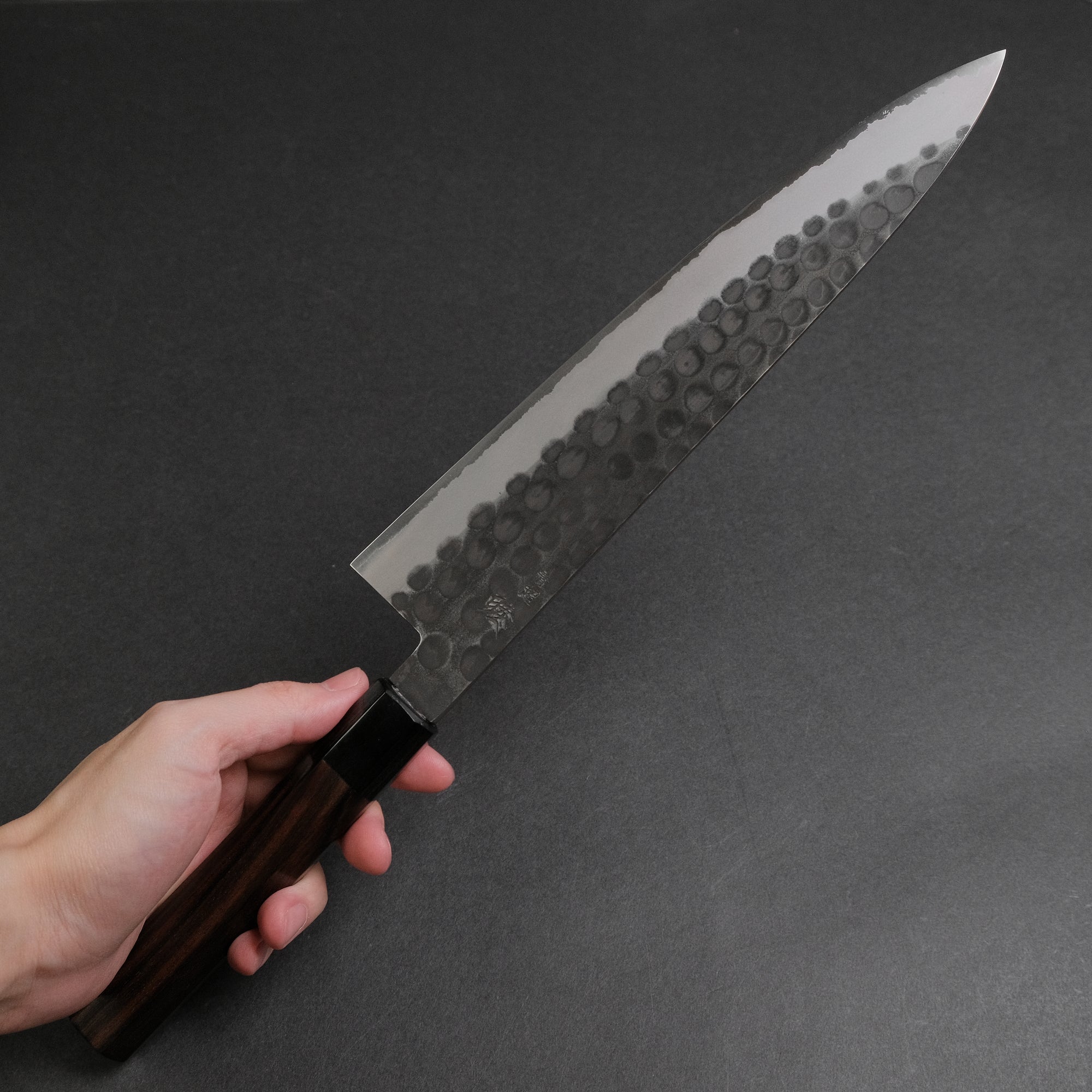 Mutsumi Hinoura Blue Super Kurouchi Tsuchime Gyuto 240mm Ebony Handle