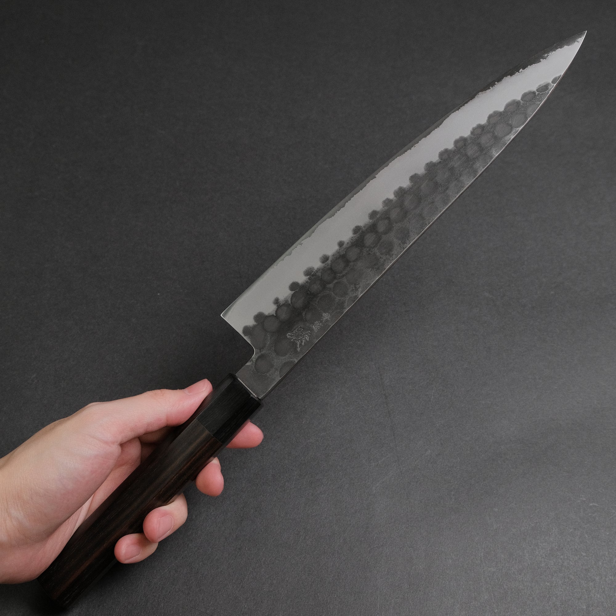 Mutsumi Hinoura Blue Super Kurouchi Tsuchime Gyuto 240mm Ebony Handle [B]