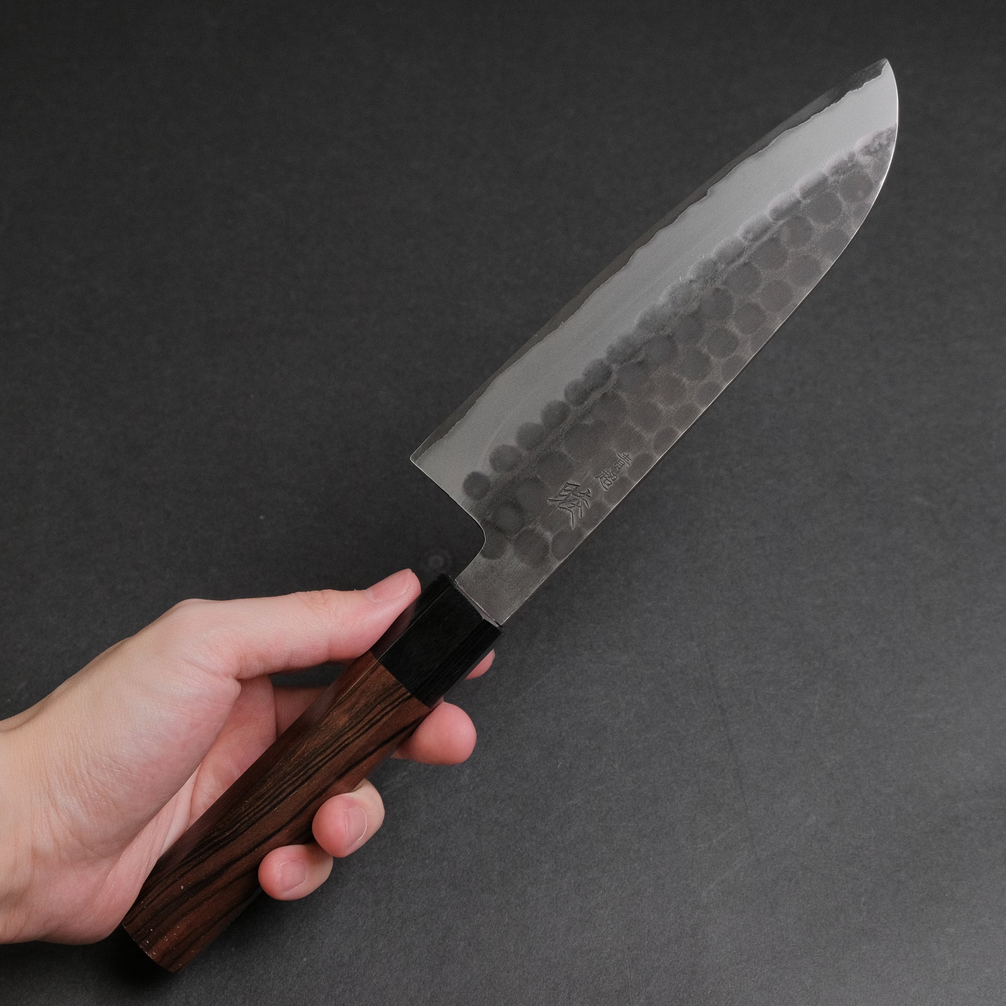 Mutsumi Hinoura Blue Super Kurouchi Tsuchime Santoku 165mm Ebony Handle